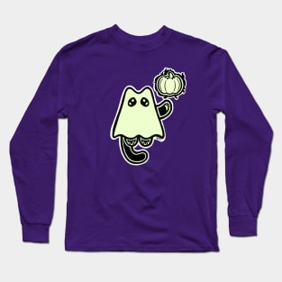 Little Ghost Cat with a Pumpkin Long Sleeve T-Shirt